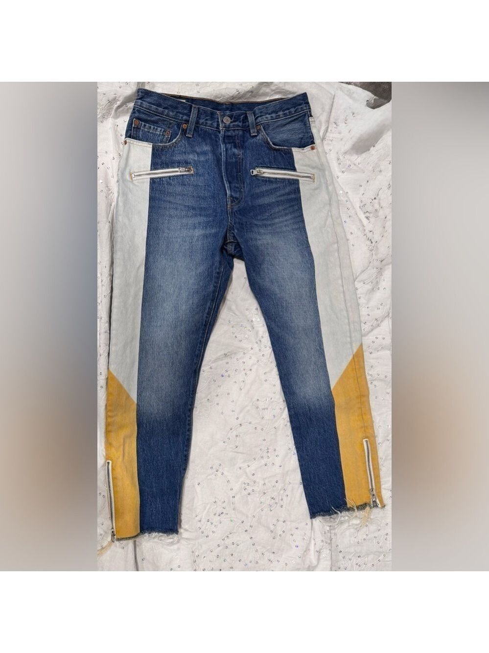 Levi 501 Original Cropped Color Block Ankle Moto Zip Jeans Womens Size 28 x 26